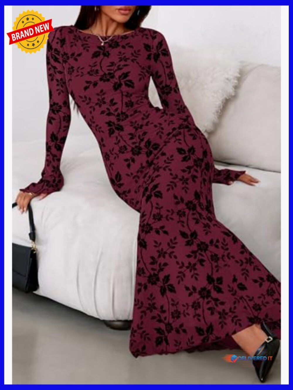 Floral Bodycon Maxi Dress Long Sleeve Boat Neck Stretch Formal - Picture 6 of 7